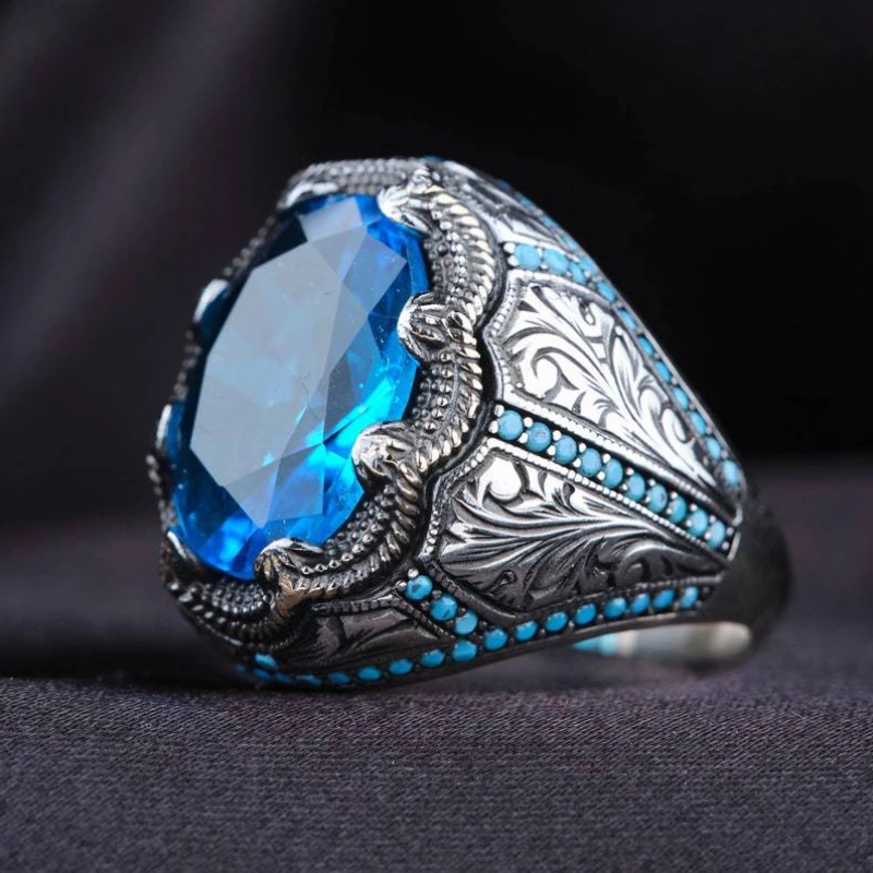 

European and American Diamond Blue Zircon Ring Hyland Gem Retro Men's Ring High Quality Turquoise To Attend The Banquet Ring