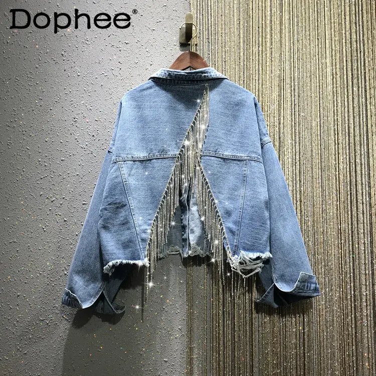 Heavy Tassel Diamond Back Slit Denim Jacket for Women 2022 Spring New Openwork Loose Short Coats Female Jeans Jacket Outwear Top
Heavy Tassel Diamond Back Slit Denim Jacket for Women 2022 Spring New Openwork Loose Short Coats Female Jeans Jacket Outwear Top
