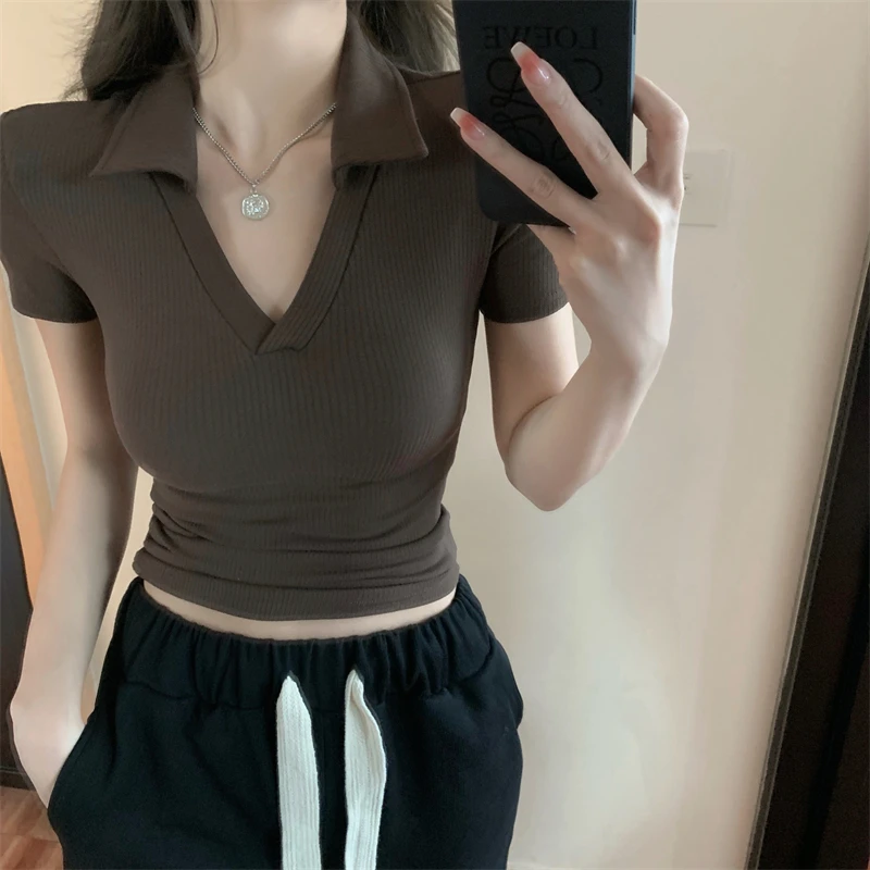 Summer Polo V Neck Crop Tops T Shirts Women Vintage Short Sleeve Ribbed Stretchy Cropped Tshirt Tee For Female
Summer Polo V Neck Crop Tops T Shirts Women Vintage Short Sleeve Ribbed Stretchy Cropped Tshirt Tee For Female