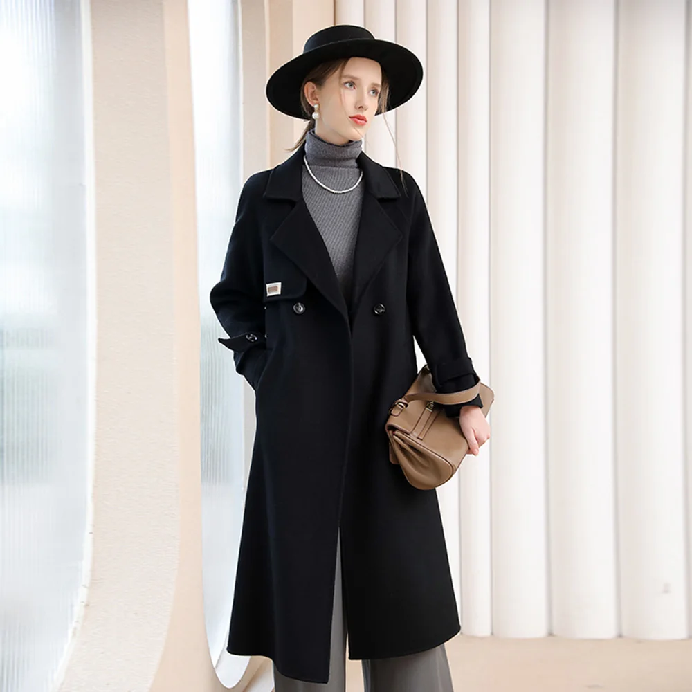 Women Double-faced Wool Coat Autumn Winter Elegant Fashion Suit Collar Solid Belt Woolen Overcoat Loose Outerwear Female Black
Women Double-faced Wool Coat Autumn Winter Elegant Fashion Suit Collar Solid Belt Woolen Overcoat Loose Outerwear Female Black