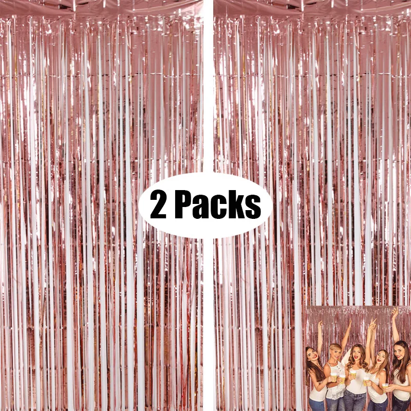 

2Pack Metallic Foil Tinsel Fringe Curtains Birthday Wedding Bachelorette Party Decoration Adult Anniversary Photography Backdrop