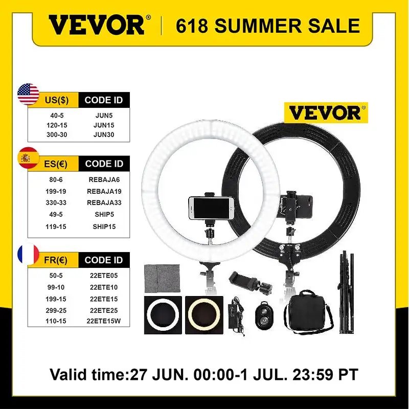 VEVOR 19-inch Dimmable LED Ring Light Kit With Stand Portable Baskets Handles And Rollers For Makeup Youtube Video Blogger Use
VEVOR 19-inch Dimmable LED Ring Light Kit With Stand Portable Baskets Handles And Rollers For Makeup Youtube Video Blogger Use