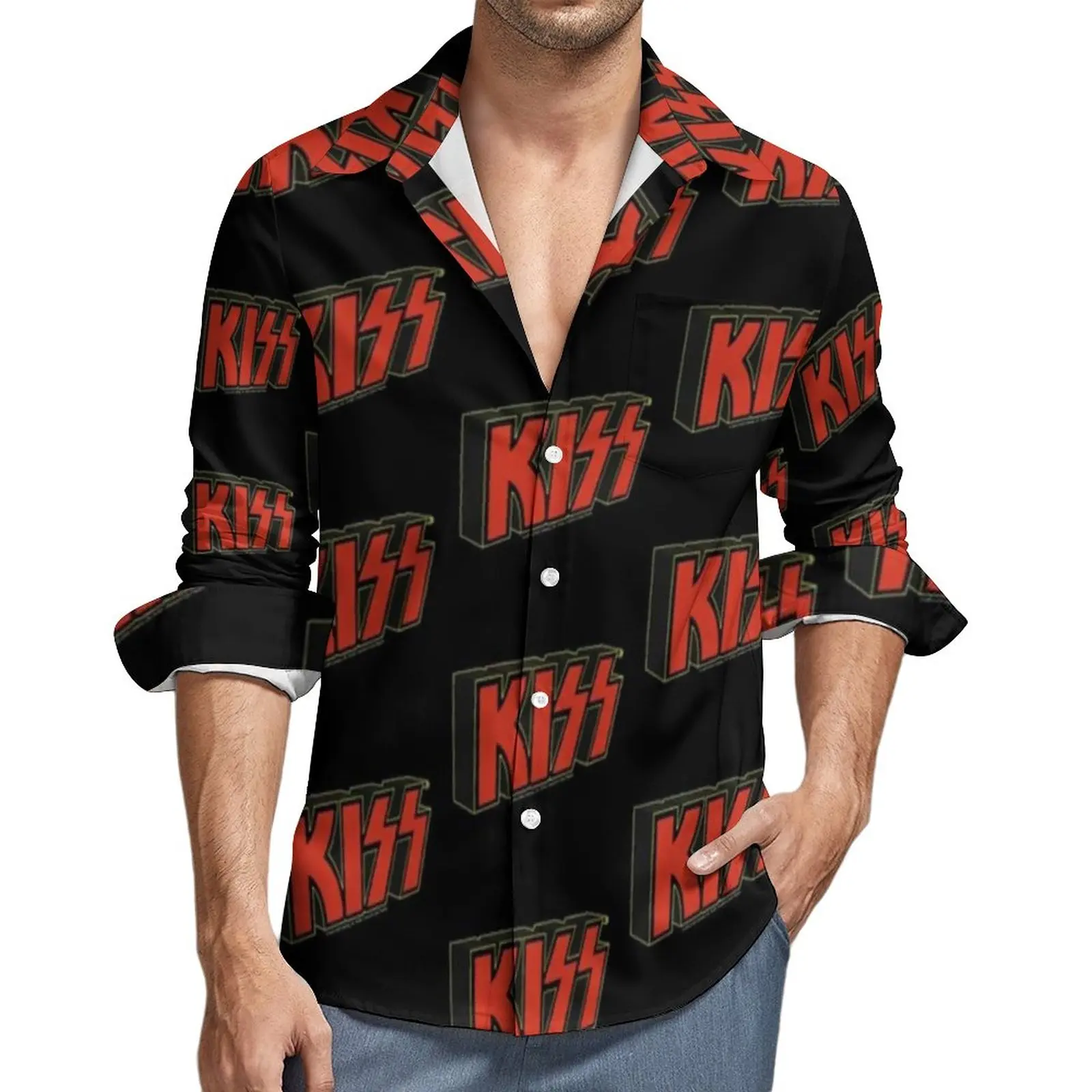 

Kiss Band Shirt Man Red Kiss Logo Casual Shirts Harajuku Graphic Blouses Long Sleeve Novelty Oversize Top Birthday Present