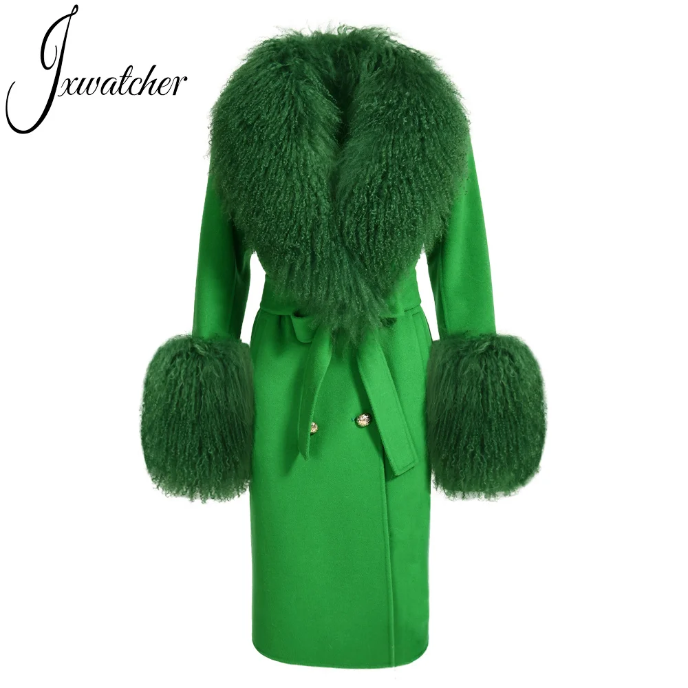 

Шерстяное кашемировое пальто для женщин с роскошным воротником из натуральной монгольской овечьей шерсти, женское Двустороннее пальто с поясом, длинный Тренч для осени и зимы