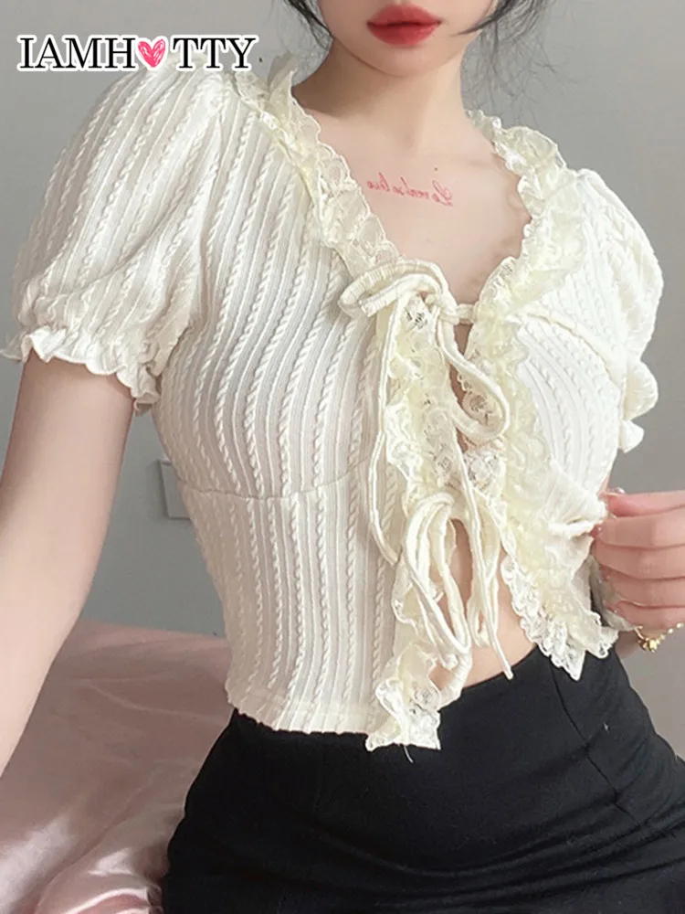 IAMHOTTY Ruffles Lace Lace-up Crop Top Women Short Sleeve Kawaii T-shirt Korean Style Cute Cardigan Knitted Top Japanese Clothes
IAMHOTTY Ruffles Lace Lace-up Crop Top Women Short Sleeve Kawaii T-shirt Korean Style Cute Cardigan Knitted Top Japanese Clothes