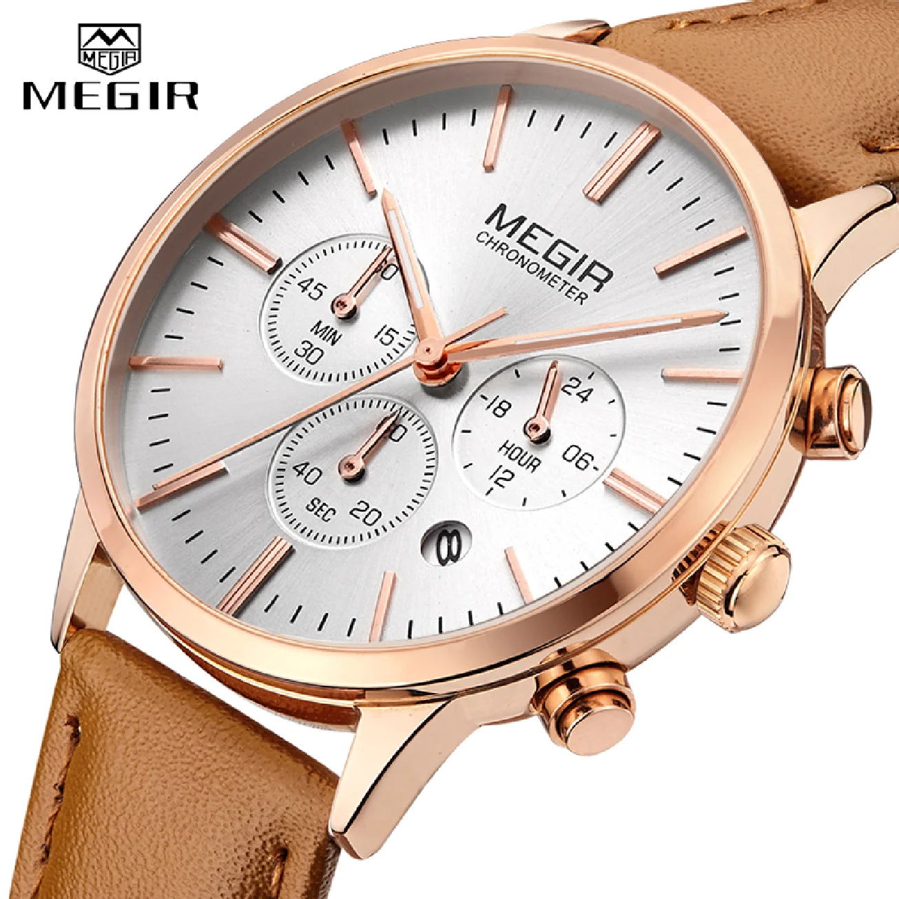 Megir Chronograph Date Indicator Brown Leather Strap Quartz Wrist Watch for Women Ladies Fashion Gold Rose Wristwatch ML2011L
Megir Chronograph Date Indicator Brown Leather Strap Quartz Wrist Watch for Women Ladies Fashion Gold Rose Wristwatch ML2011L