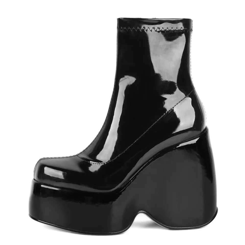Women Platform Wedge Boots Goth Punk Shoes Elastic Patent Leather Ankle Booties with Zipper and Square Toe Female Designer Shoes
Women Platform Wedge Boots Goth Punk Shoes Elastic Patent Leather Ankle Booties with Zipper and Square Toe Female Designer Shoes