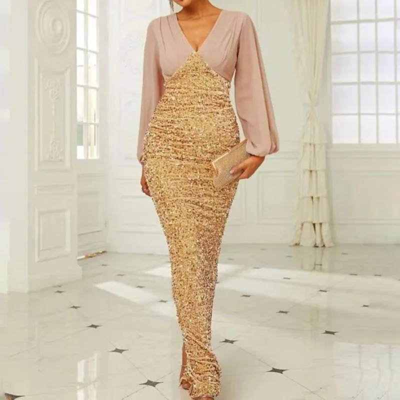 

Elegant Formal Long Dresses Classy Sequined Long Sleeve V Neck Contrast Sparkly Glitter Dress Big Size Celebrity Evening Gowns