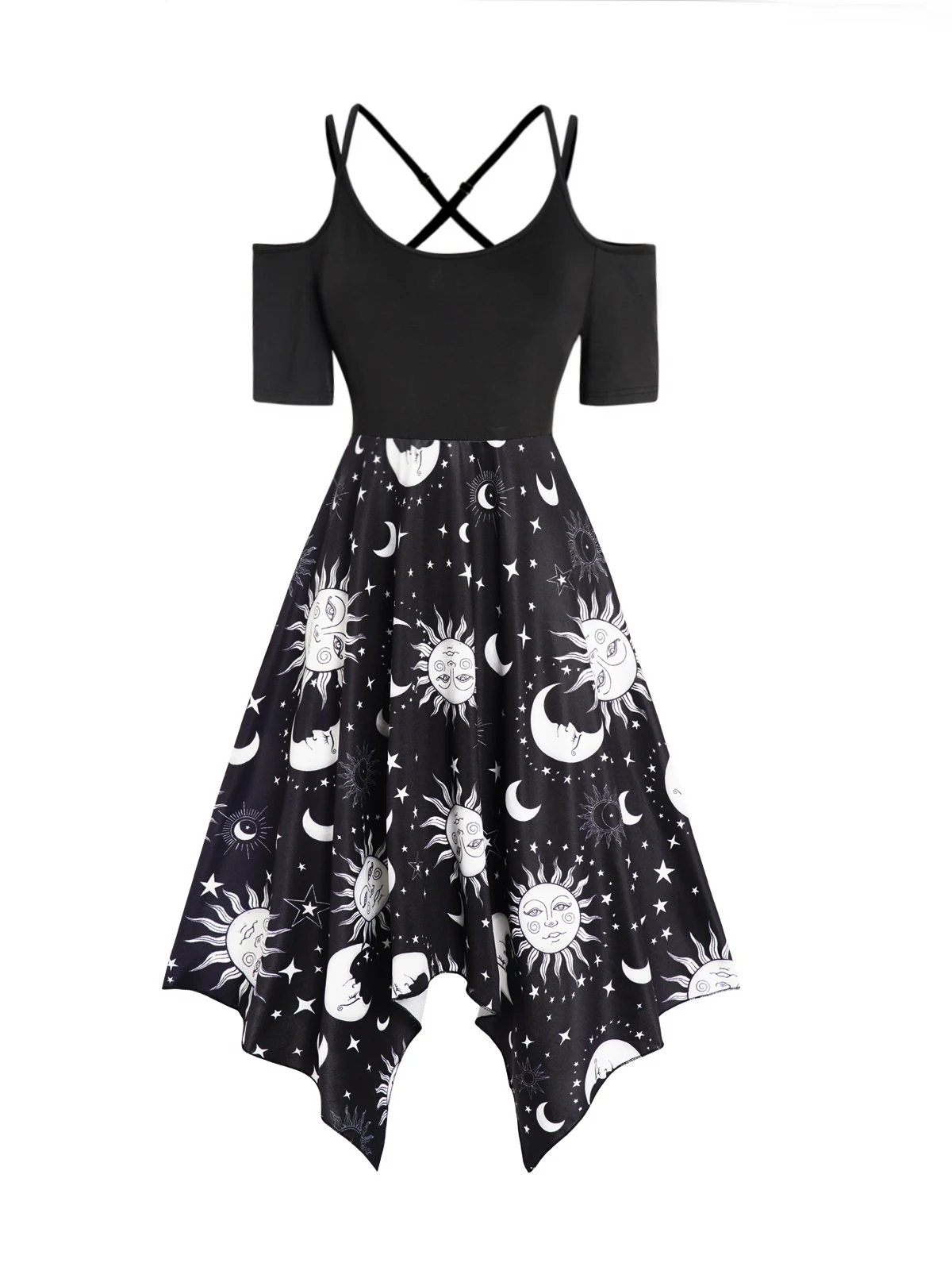 

Celestial Sun Moon Star Print Asymmetric Dress Cold Shoulder Crisscross Adjustable Straps Midi Vestido Feminino For Female