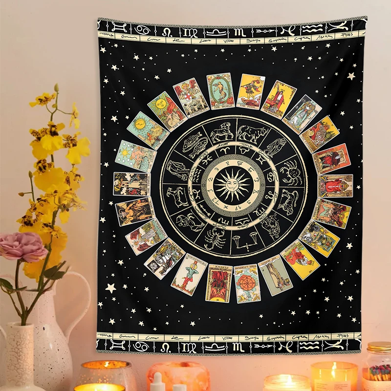 Tarot Tapestry Wall Hanging Wheel of the Zodiac Astrology Chart Moon Sun Tapestry Horoscope divination Home Decor Wall Art
Tarot Tapestry Wall Hanging Wheel of the Zodiac Astrology Chart Moon Sun Tapestry Horoscope divination Home Decor Wall Art
