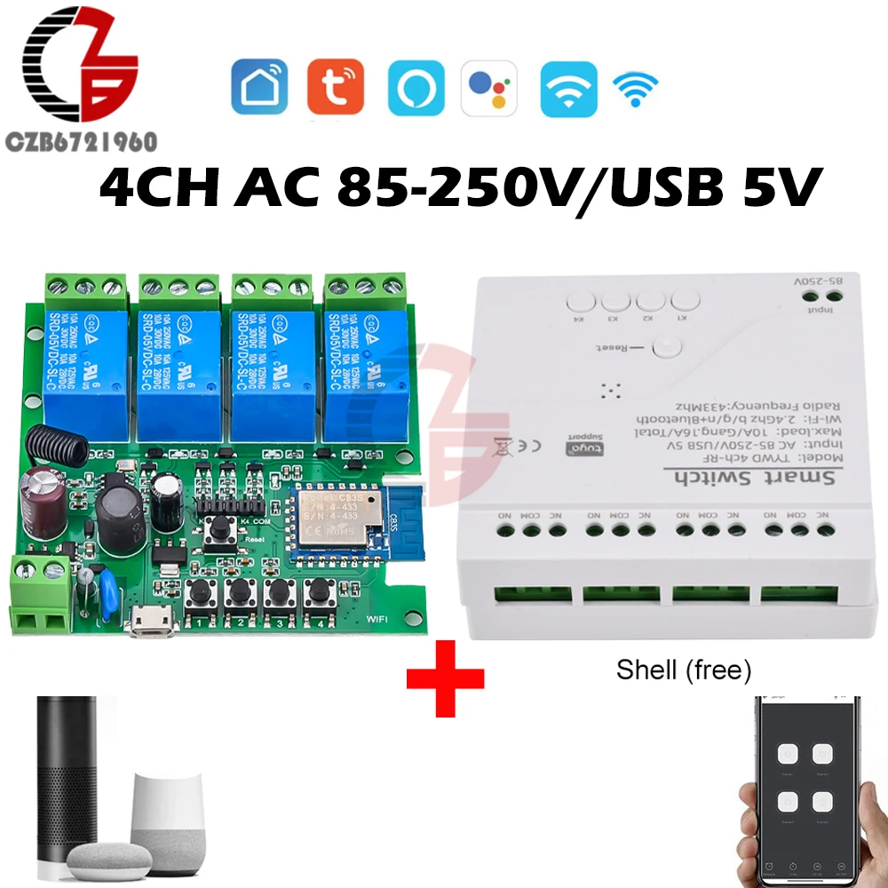 Tuya Smart Wifi Motor Switch Module AC 85V-250V RF 433MHz Radio Remote Control 4 Channels Inching Relay for Alexa Google Home
Tuya Smart Wifi Motor Switch Module AC 85V-250V RF 433MHz Radio Remote Control 4 Channels Inching Relay for Alexa Google Home