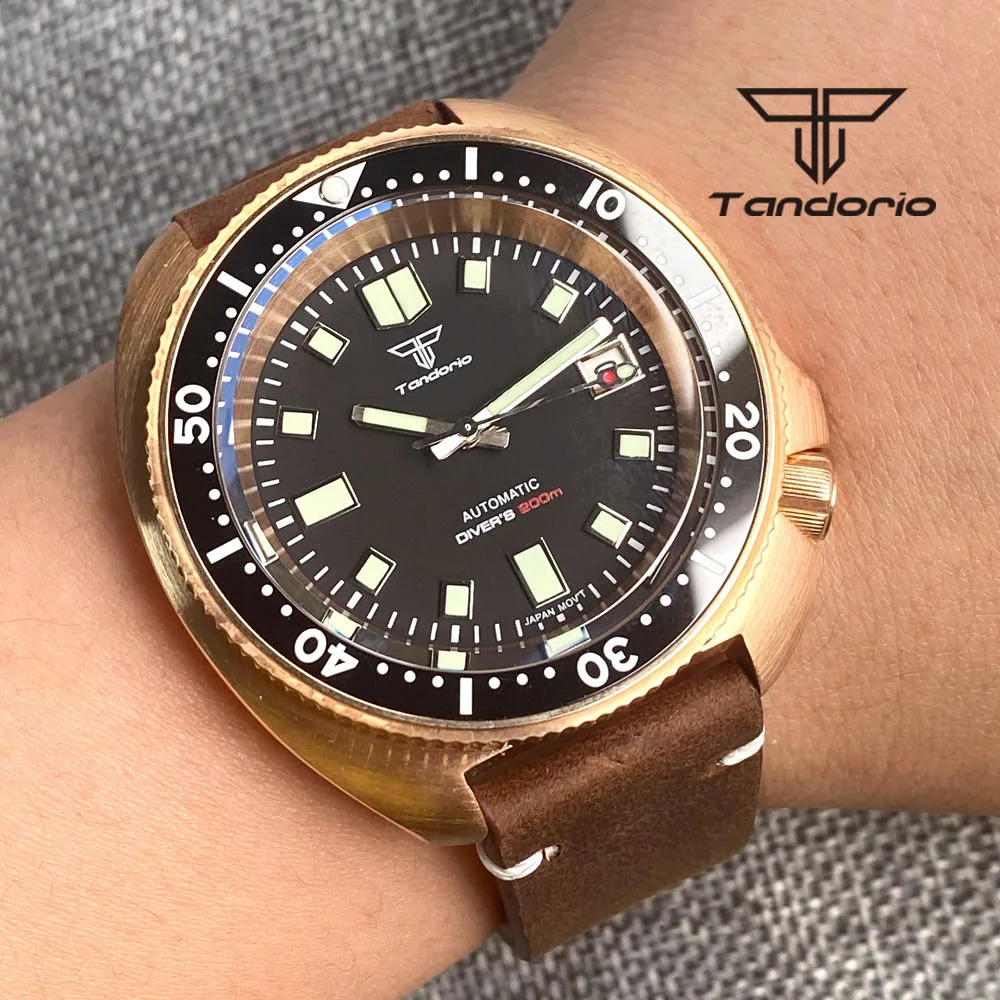 

Tandorio CUSN8 Solid Bronze PT5000 NH35A 44mm Automatic Diving Men Watch 20Bar Black Dial Sapphire Glass Auto Date Leather Strap