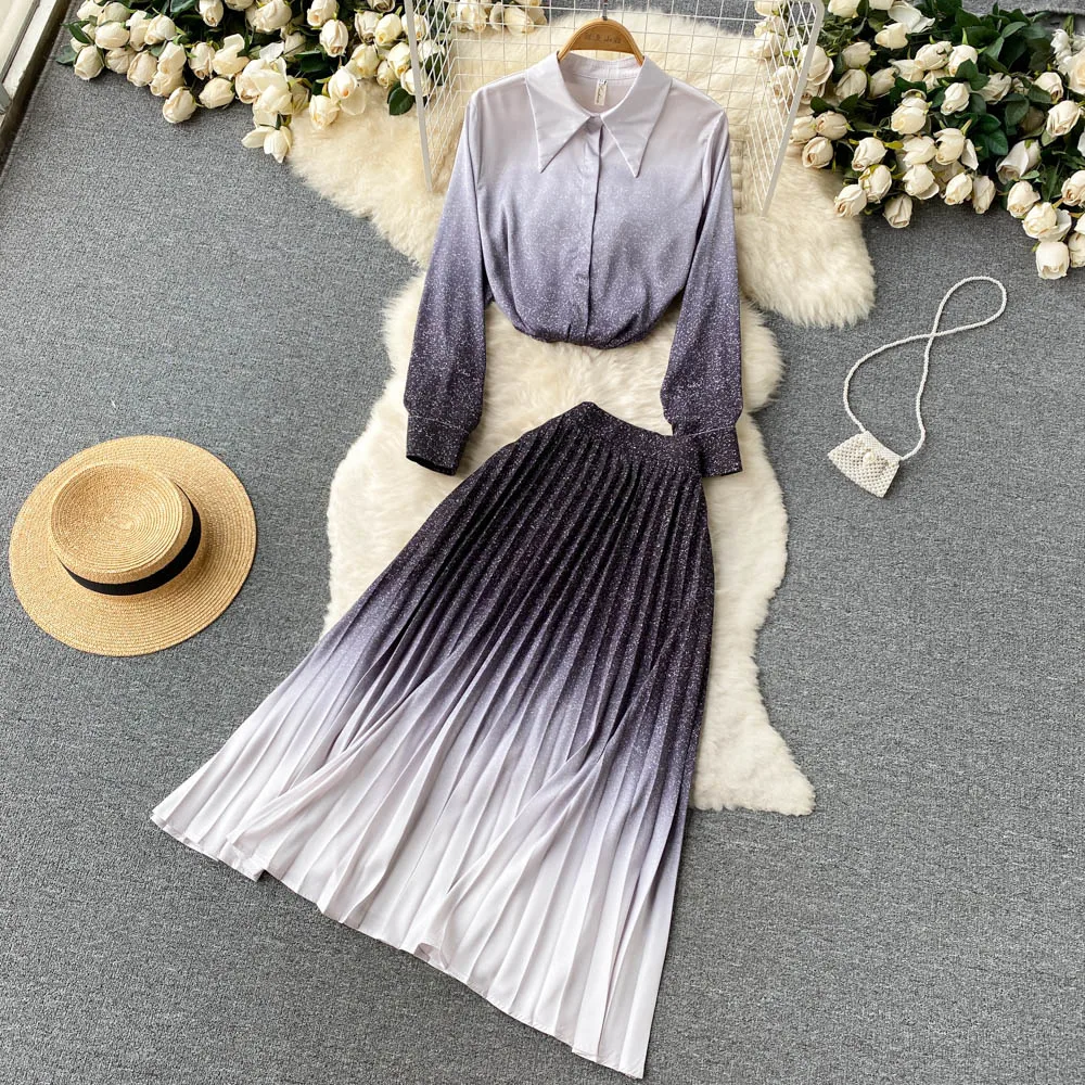 2022 Spring Autumn Women New Fashion Gradient Starry Sky Slim Long Sleeve Blouse + Pleated Skirt Two-piece Sets E943
2022 Spring Autumn Women New Fashion Gradient Starry Sky Slim Long Sleeve Blouse + Pleated Skirt Two-piece Sets E943