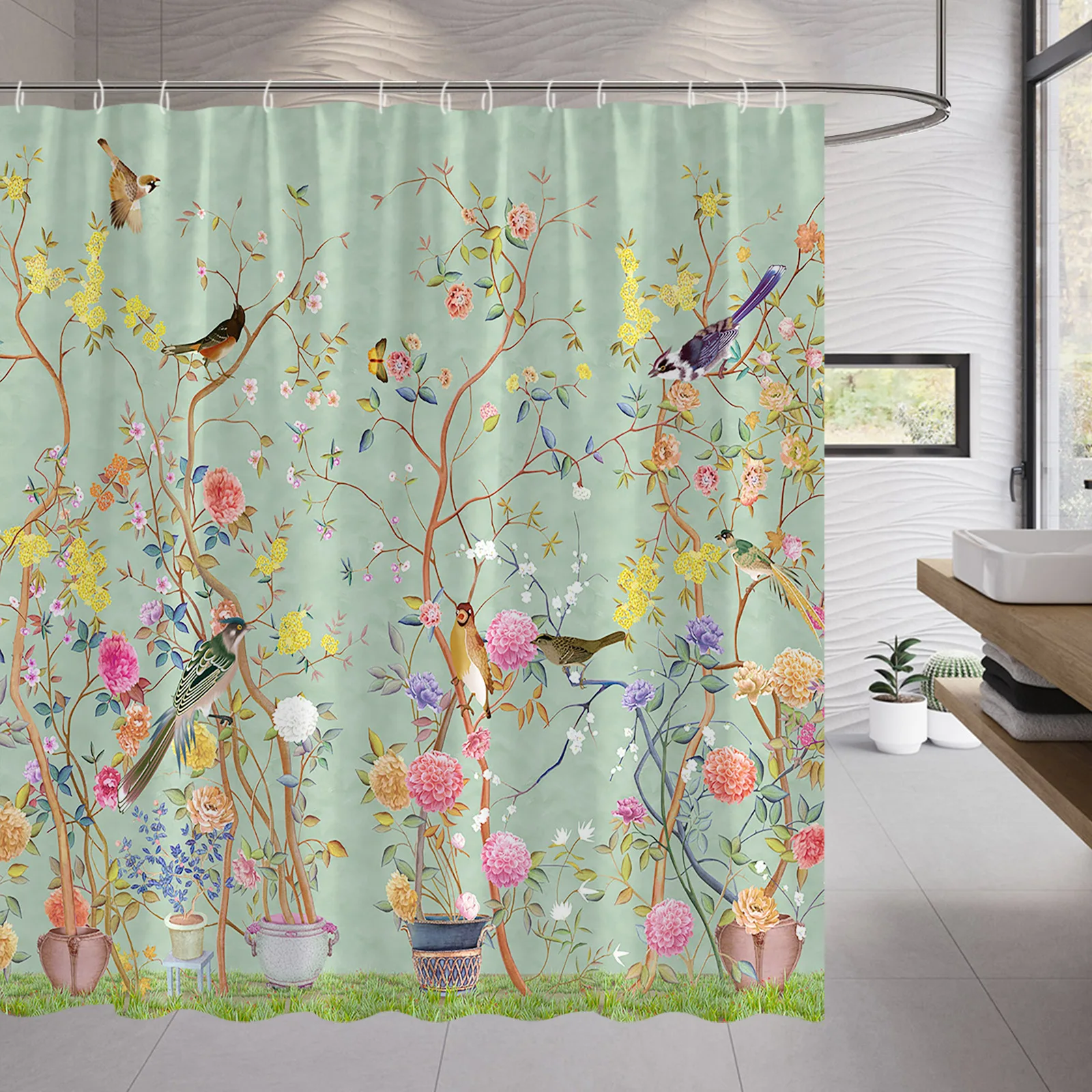 

Занавеска для душа с цветами в стиле ретро, Весенняя Цветочная ветка с птицами, деревьями, китайский ландшафт, ручная роспись, тканевый комплект для декора ванной комнаты