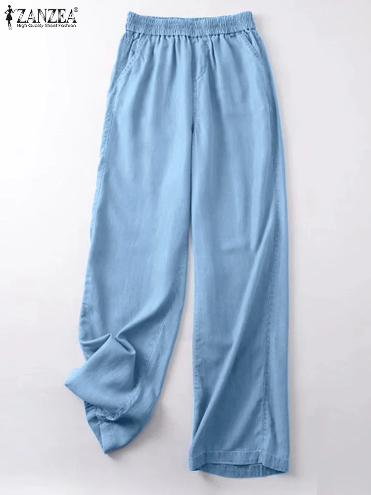 

ZANZEA Fashion Women Loose Pants Casual Solid Denim Blue Pants 2023 Spring Summer Pantalons Oversized Elastic Waist Pant Palazzo