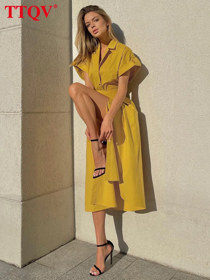 TTQV Summer Yellow Lapel Dresses For Women Elegant Short Sleeve High Waisted Dress Streewear Fashion Single-breasted Midi Dress
TTQV Summer Yellow Lapel Dresses For Women Elegant Short Sleeve High Waisted Dress Streewear Fashion Single-breasted Midi Dress
