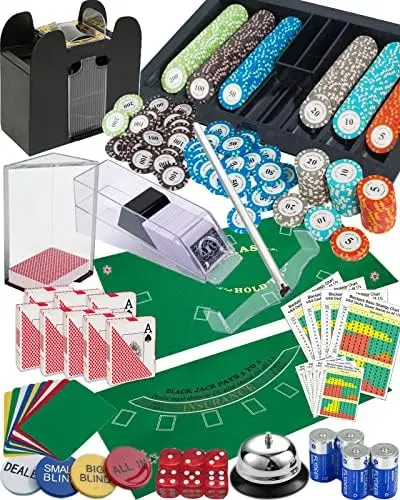 Casino Set Shuffler + Card Shoe + 360pcs Chips + Double-Sided Felt + 8xDeck Playing Cards + Chip Rake + + Dice + 10xCut Cards
Casino Set Shuffler + Card Shoe + 360pcs Chips + Double-Sided Felt + 8xDeck Playing Cards + Chip Rake + + Dice + 10xCut Cards