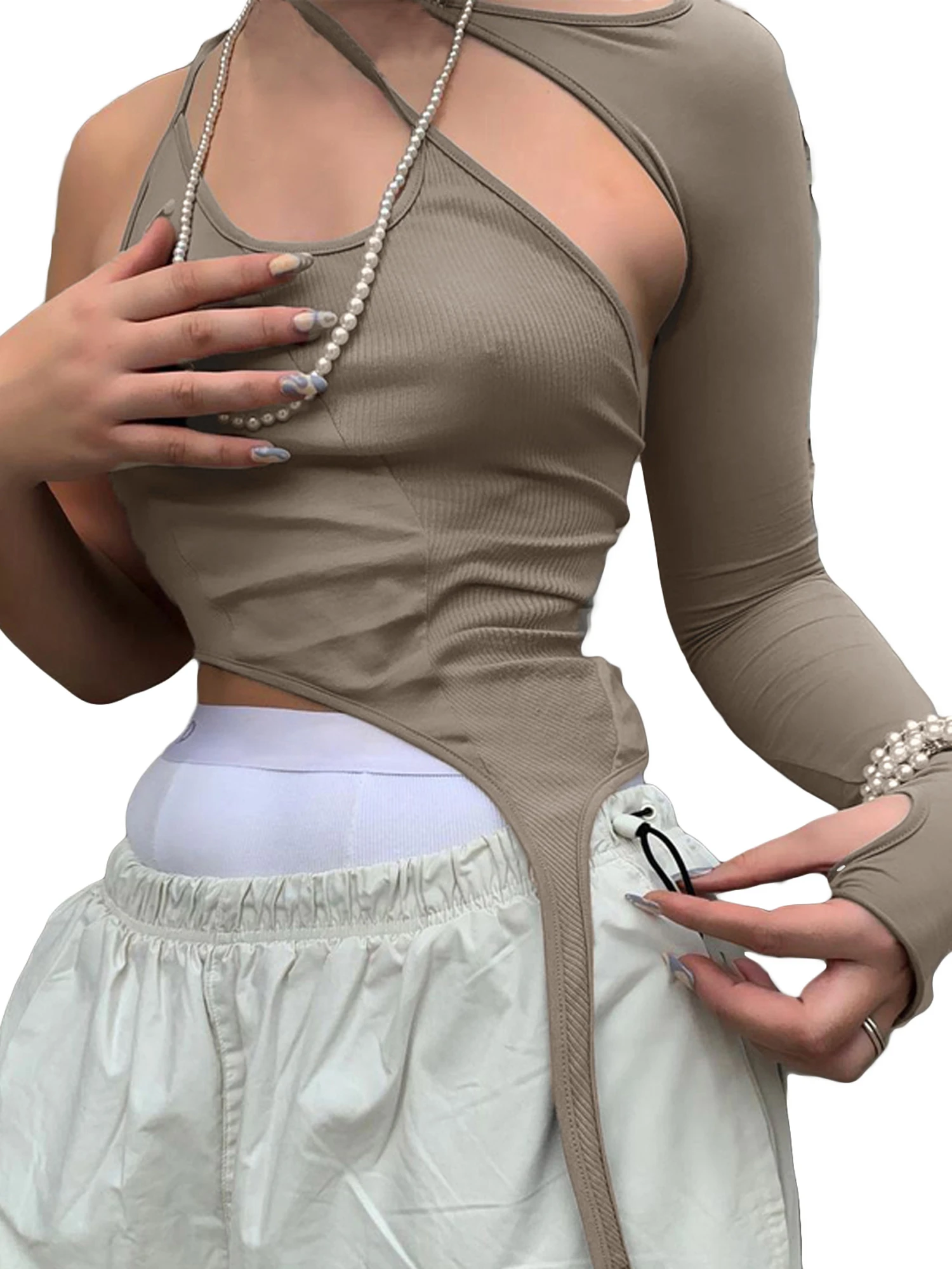 Women Solid Color Cropped Tops Long Sleeve One Shoulder Irregular Hem Halter T-shirt Sexy Hollow Top Tees for Summer 2022 New 
Women Solid Color Cropped Tops Long Sleeve One Shoulder Irregular Hem Halter T-shirt Sexy Hollow Top Tees for Summer 2022 New