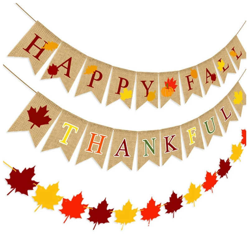 

3PCS Happy Fall Banner Thankful Banner Give Thanks Banner And Felt Fall Leaves Garland Banner For Fall Thanksgiving Decors