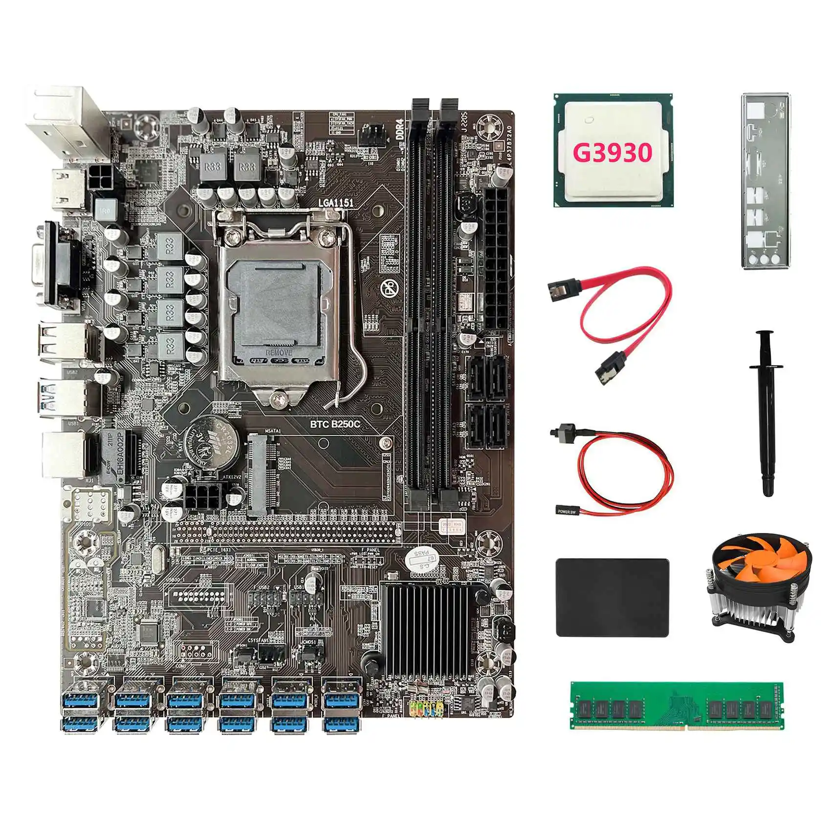 B250C ETH Miner Motherboard 12USB+G3930 CPU+DDR4 4GB RAM+128G SSD+Fan+SATA Cable+Switch Cable+Thermal Grease+Baffle
B250C ETH Miner Motherboard 12USB+G3930 CPU+DDR4 4GB RAM+128G SSD+Fan+SATA Cable+Switch Cable+Thermal Grease+Baffle