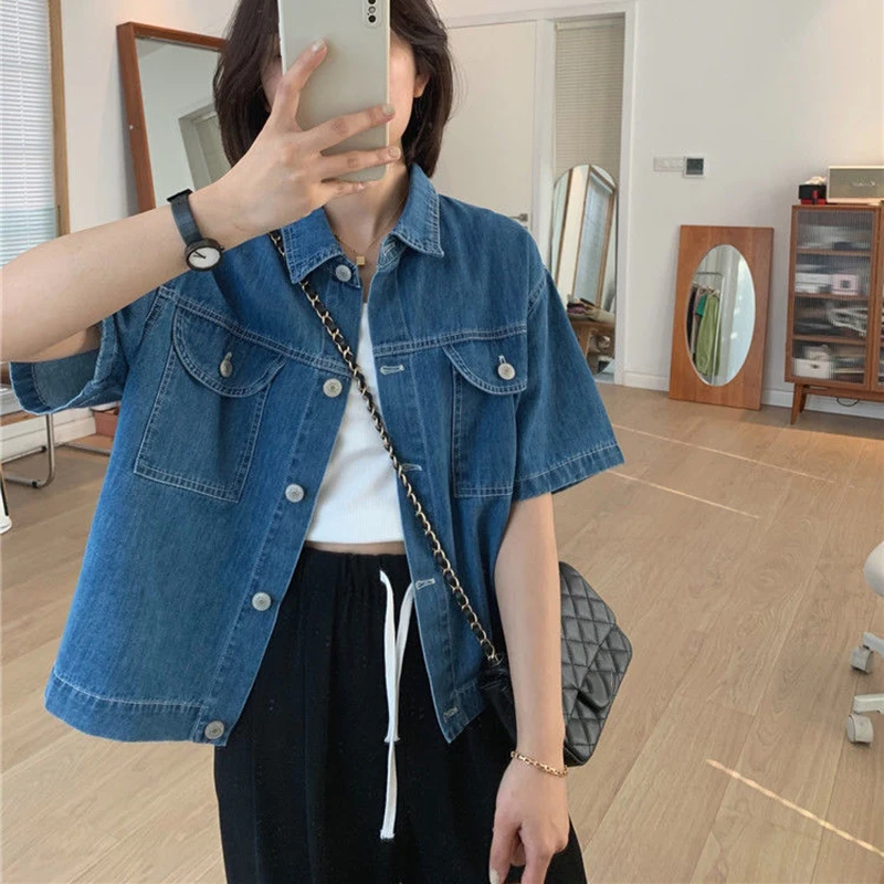 Rimocy Women's Short Sleeve Denim Shirt Korean Style Pockets Button Up Jean Jacket Woman Vintage Turn Down Collar Blouse Women
Rimocy Women's Short Sleeve Denim Shirt Korean Style Pockets Button Up Jean Jacket Woman Vintage Turn Down Collar Blouse Women