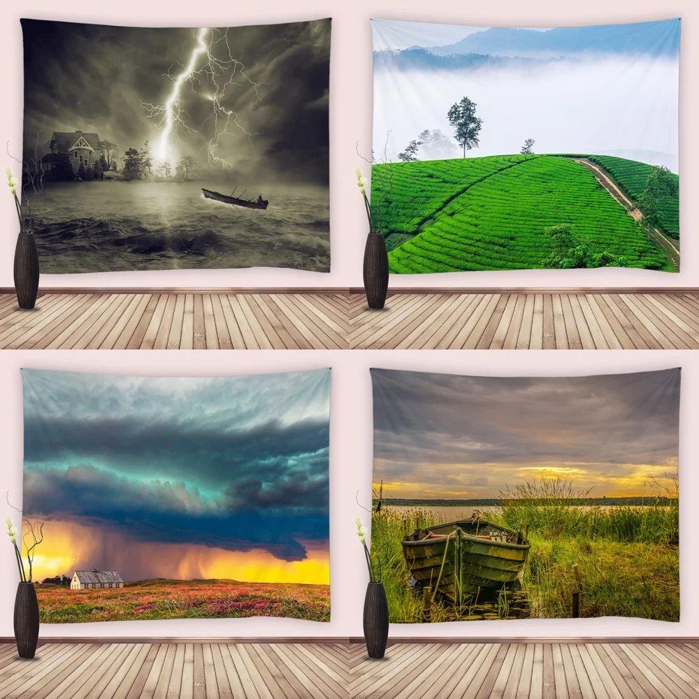 

Colorful Clouds Scenery Tapestry Natural Outdoor Field Country Boat Tapestries Wall Hanging Fabric for Bedroom Living Room Dorm