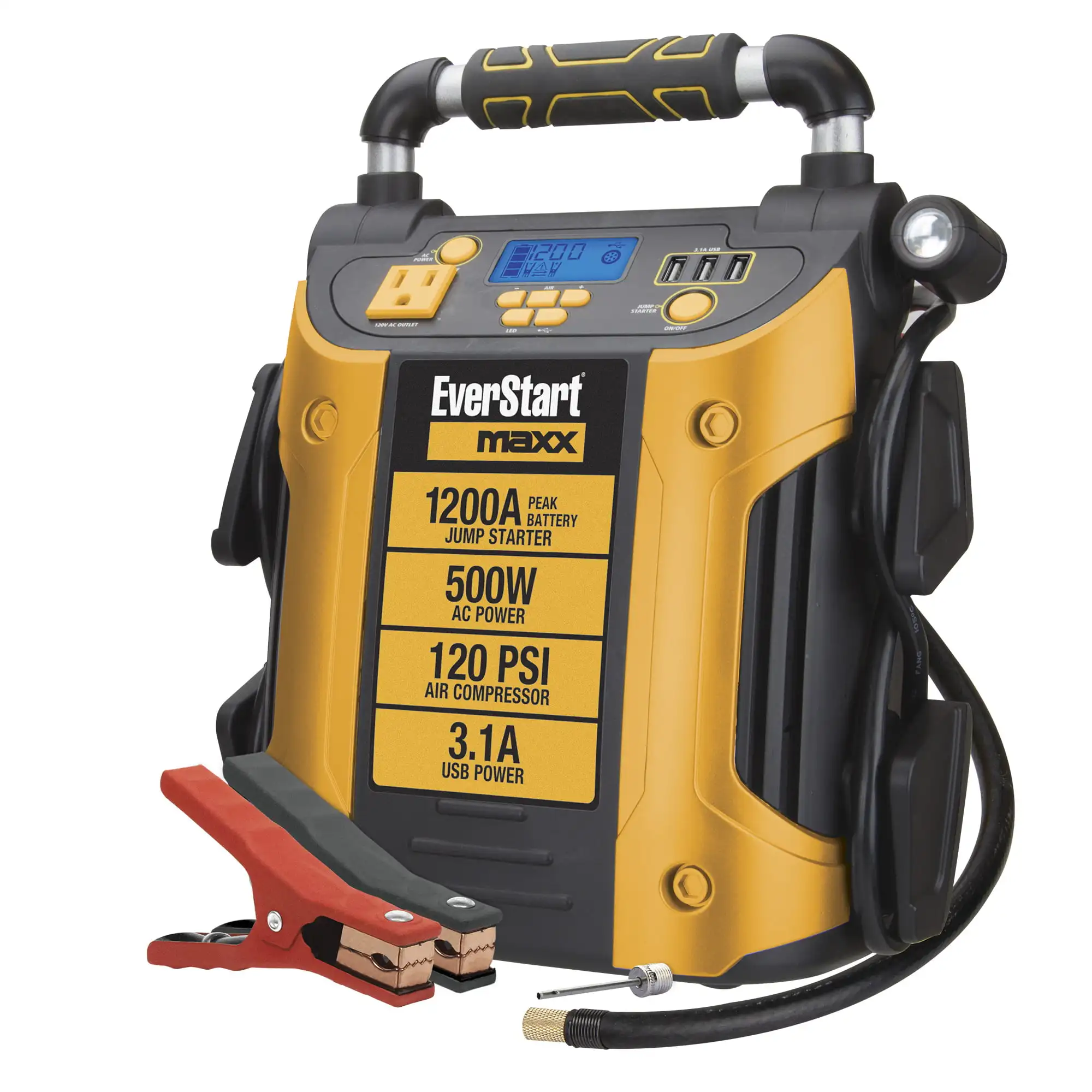 Jump Starter, Power Station, 1200 Peak Battery Amps with 500W Inverter and 120 PSI Compressor
Jump Starter, Power Station, 1200 Peak Battery Amps with 500W Inverter and 120 PSI Compressor