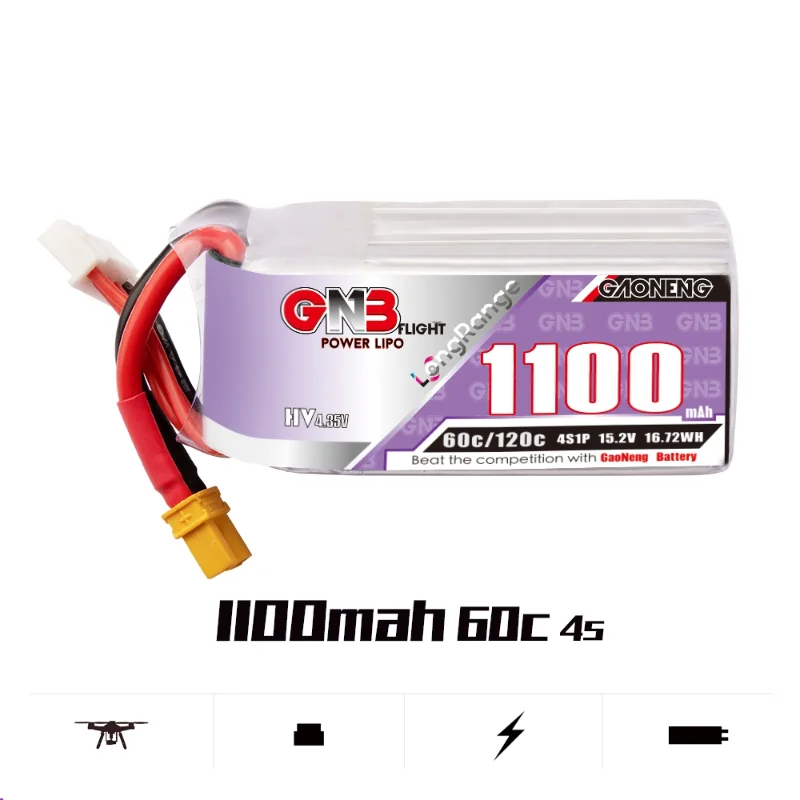 Аккумулятор Gaoneng GNB 1100 мАч 4S 15,2 в 60C 120C 4S1P LiPo с разъемом XT30/XT60 для гоночного дрона FPV дальнего действия
Аккумулятор Gaoneng GNB 1100 мАч 4S 15,2 в 60C 120C 4S1P LiPo с разъемом XT30/XT60 для гоночного дрона FPV дальнего действия