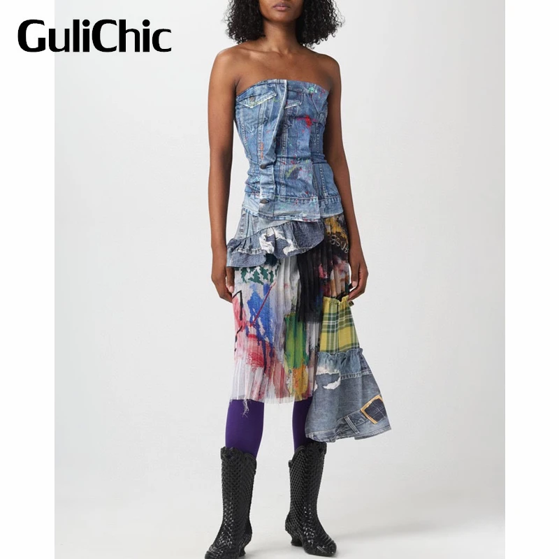 

6.22 GuliChic Women Vintage 3D Lmitation Denim Print Backless Strapless Slim Tank Top Or Irregular Ruffle Pleated Skirt Set