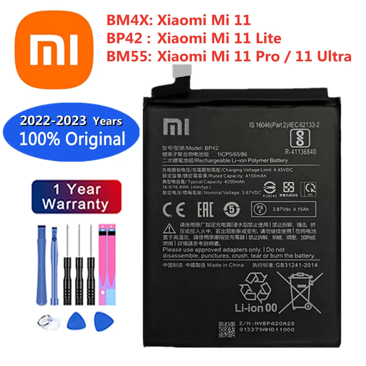 

Xiao mi Original Phone Battery BM55 For Xiaomi 11 Pro / Xiaomi 11 Ultra BM4X For Xiamo 11 Xiaomi11 Mi11 BP42 For Xiaomi 11 Lite