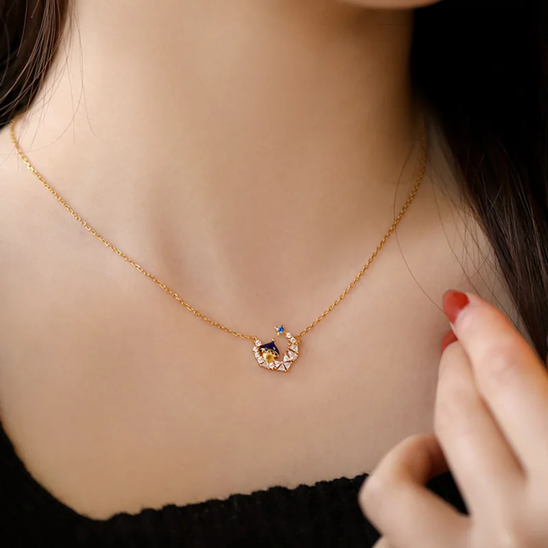 

925 sterling silver castle necklace women's design sense light luxury sparkling diamond moon fortress collarbone chain
