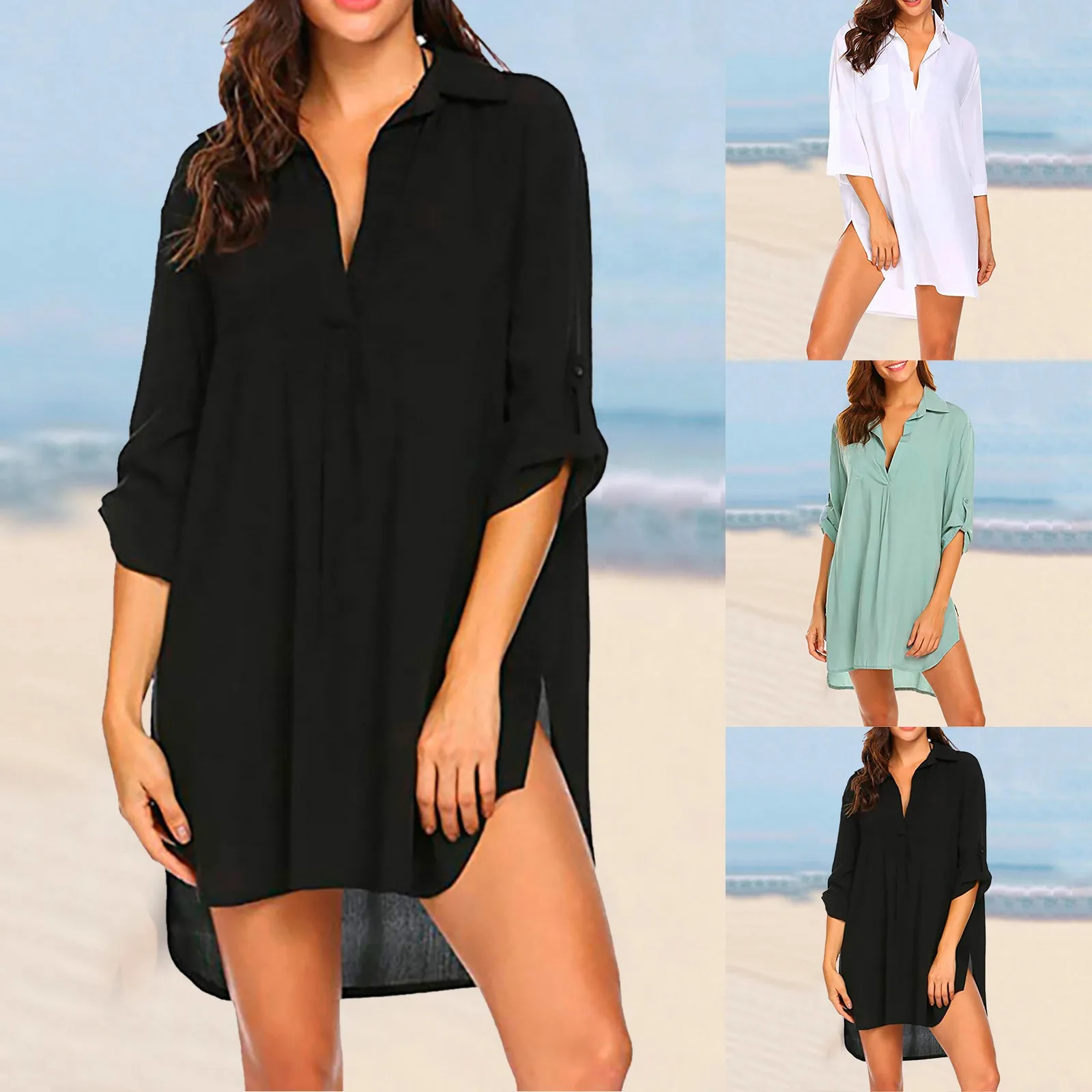 

Женское повседневное платье, Длинная пляжная рубашка, модная Свободная Женская рубашка, чистые пляжные деловые повседневные платья с глубоким V-образным вырезом для женщин