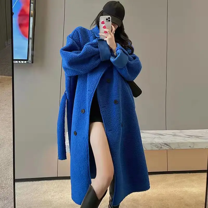 

Женское шерстяное меховое пальто, элегантное двубортное теплое пальто из искусственного меха ягненка, верхняя одежда в Корейском стиле на ...