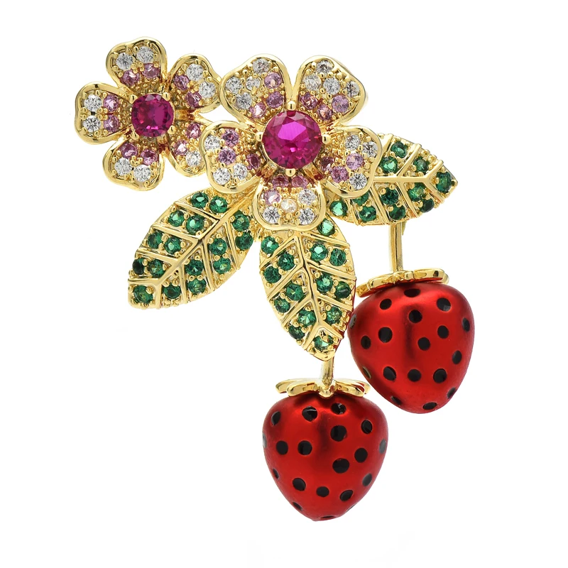 

Wuli&baby Beauty Flower Strawberry Brooches For Women High Quality Cubic Zirconia Cute Fruits Party Office Brooch Pin Gifts