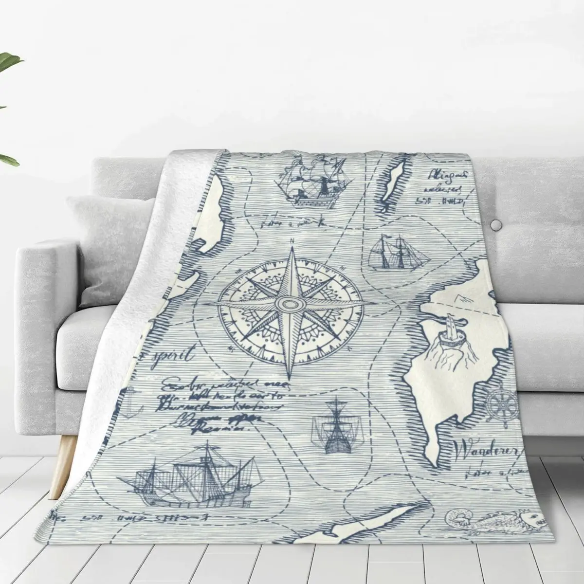 

Retro Sea Map Blankets Nautical Anchor Flannel Novelty Warm Throw Blanket for Home Summer