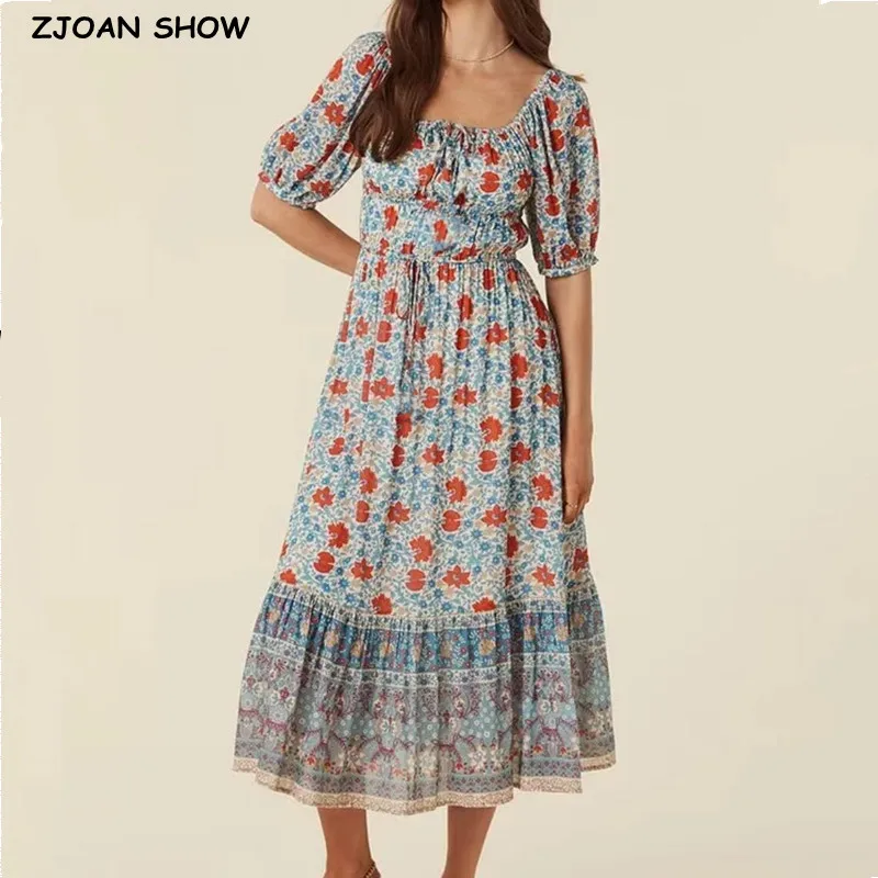 

2023 BOHO Bow Slash Collar Flower Print Maxi Long Dress Ethnic Woman Elastic Waist Short Off Shoulder Swing A-lined Robe Holiday