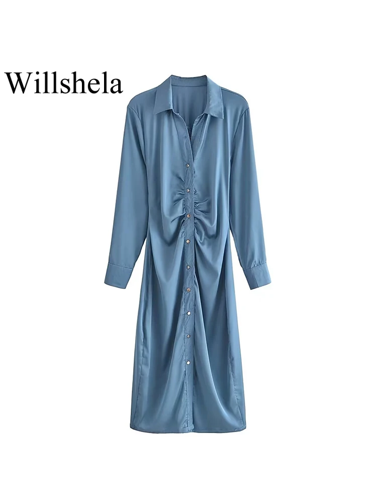 Willshela Women Fashion Solid Pleated Single Breasted Midi Dress Vintage Lapel Neck Long Sleeves Female Chic Lady Dresses
Willshela Women Fashion Solid Pleated Single Breasted Midi Dress Vintage Lapel Neck Long Sleeves Female Chic Lady Dresses