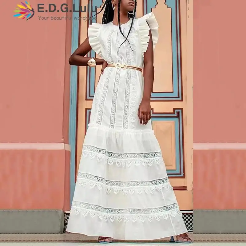 EDGLuLu Summer 2022 O-neck Lotus Leaf Sleeves Maxi Dresses For Women Elegant Lace Patchwork Light Blue Green White Dress 0610
EDGLuLu Summer 2022 O-neck Lotus Leaf Sleeves Maxi Dresses For Women Elegant Lace Patchwork Light Blue Green White Dress 0610