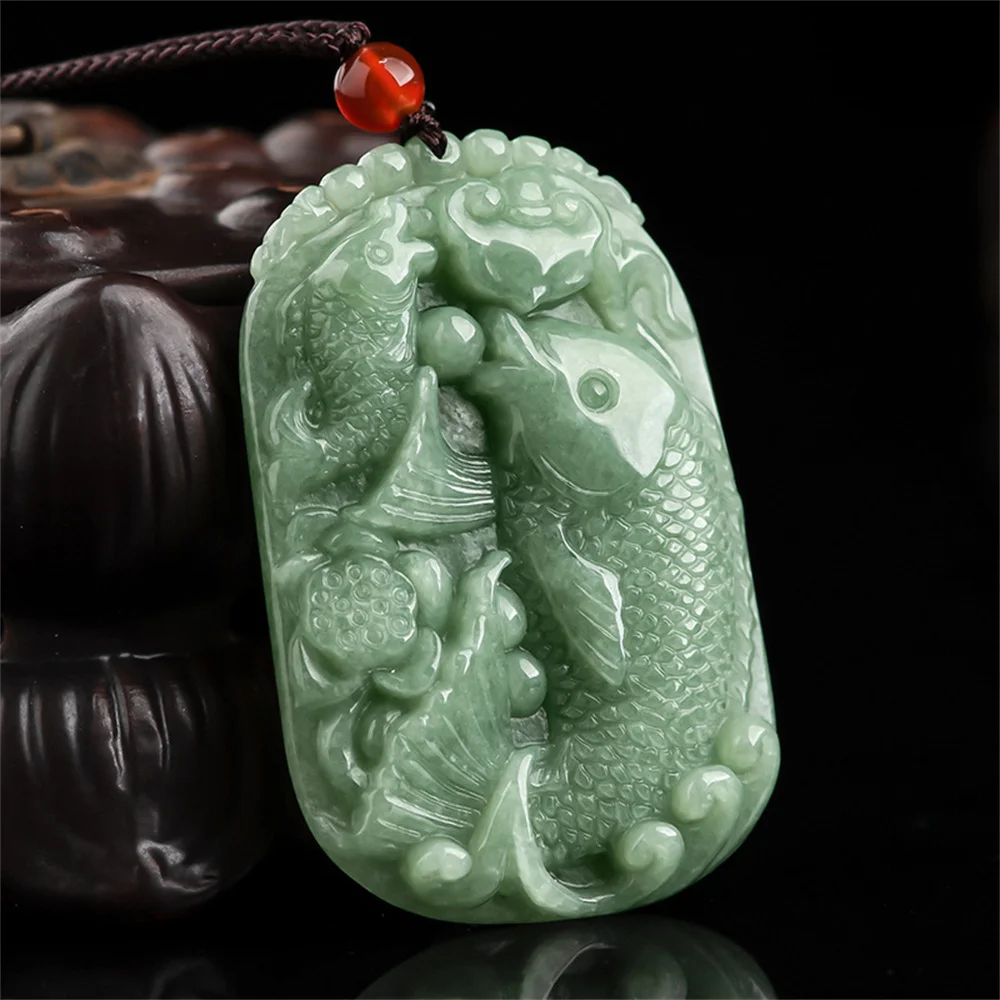 

Retro Natural Green Jadeite Hand Carved Lotus Fish Lucky Pendant Amulet Necklace Certificate Luxury Jade Vintage Gift Jewelry