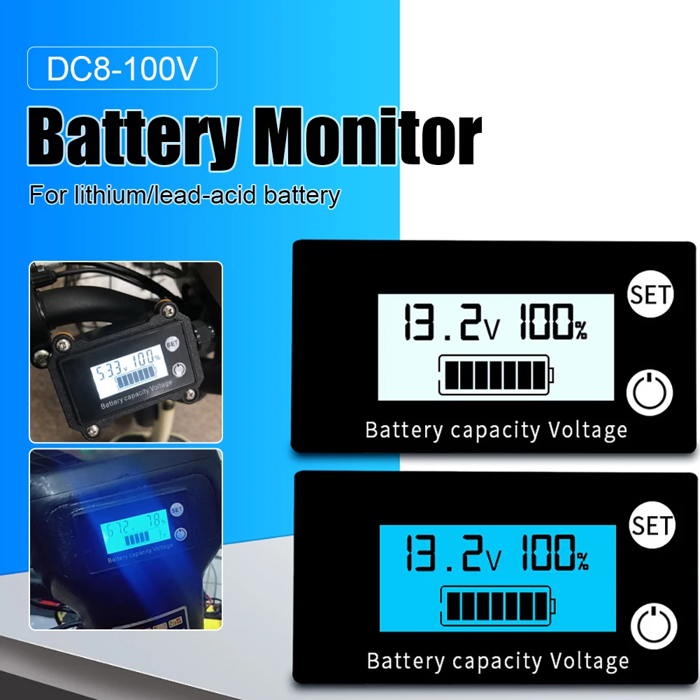DC 8-100V Car Battery Monitor Battery Voltage Capacity Meter LCD Display with Backlit for Ternary Lithium Lead-acid Lithium Iron
DC 8-100V Car Battery Monitor Battery Voltage Capacity Meter LCD Display with Backlit for Ternary Lithium Lead-acid Lithium Iron