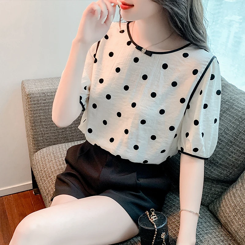 2022 French Fashion O-Neck Short Sleeve Shirts For Women Chiffon Office Lady Polka Dot Thin Summer Blouses For Girls Casual Tops
2022 French Fashion O-Neck Short Sleeve Shirts For Women Chiffon Office Lady Polka Dot Thin Summer Blouses For Girls Casual Tops