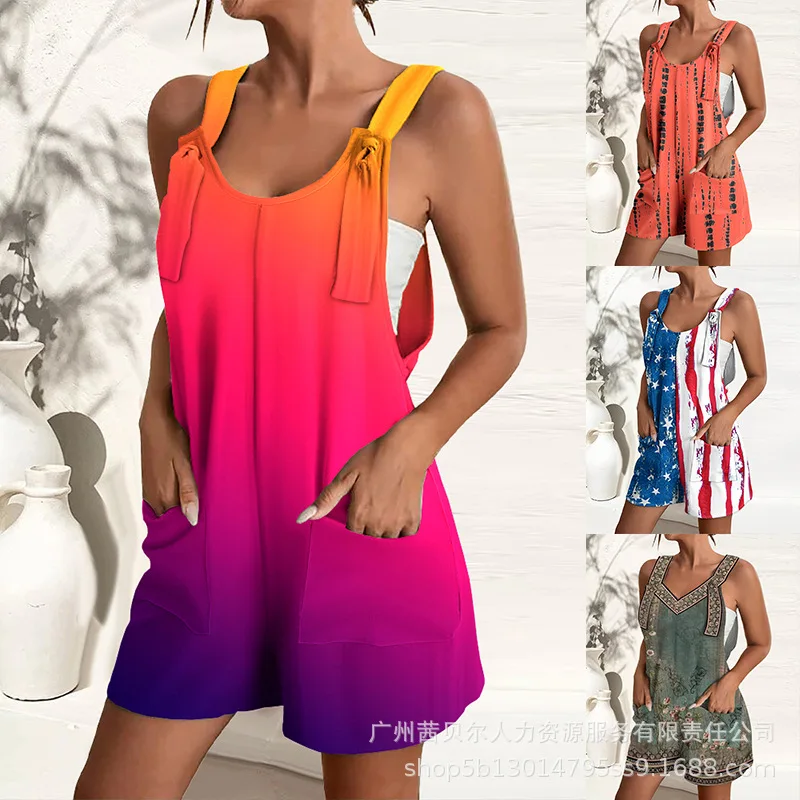 

Tribal Floral Print Pocket Design Suspender Romper Women Spring Summer Sleeveless High Waist Playsuits Shorts Pants