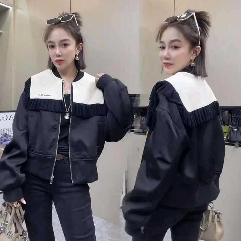 2023 Spring Autumn Women's Jacket Fashion Black Spliced Doll Collar Short Outerwear Casual Long Sleeve Coat
2023 Spring Autumn Women's Jacket Fashion Black Spliced Doll Collar Short Outerwear Casual Long Sleeve Coat