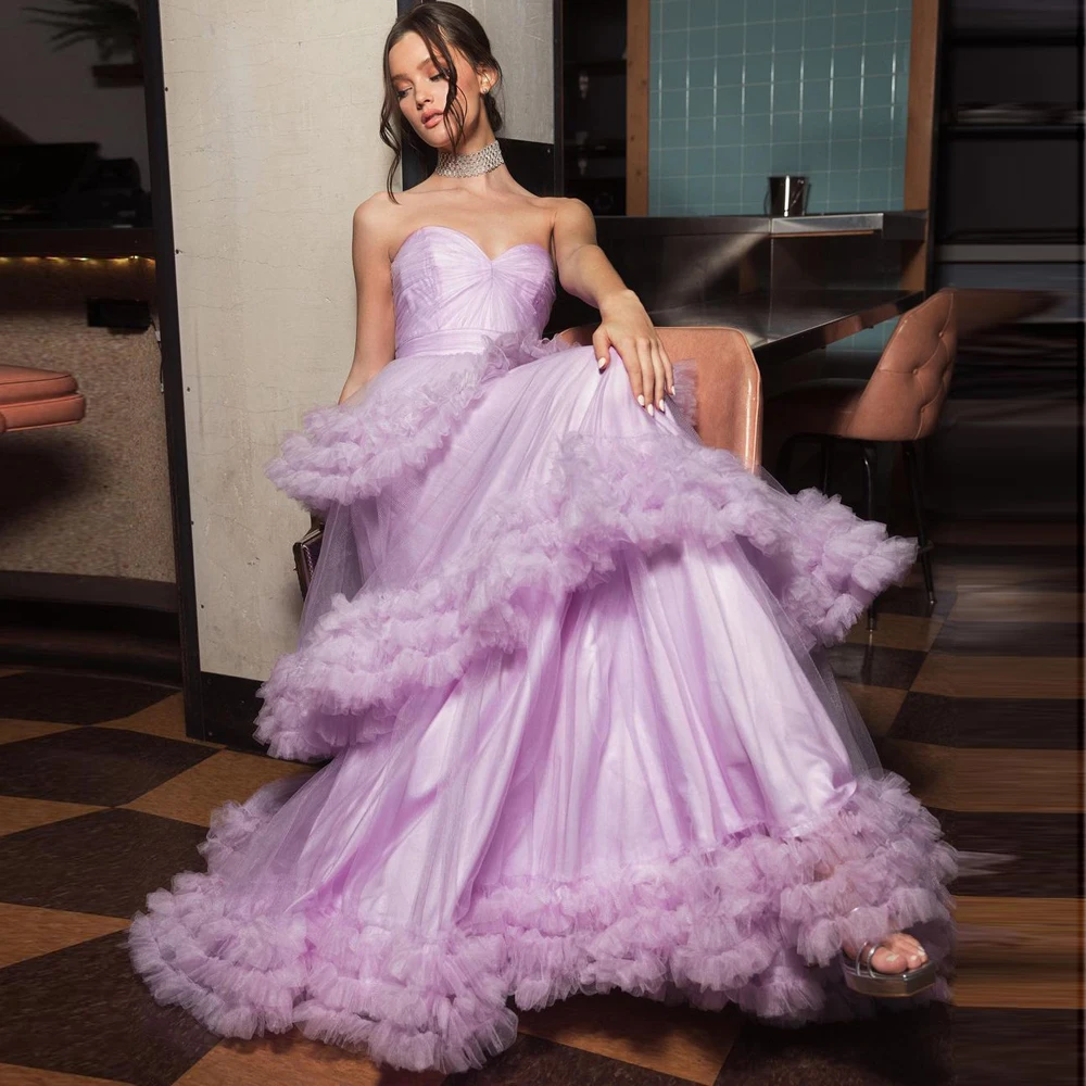 

Sweetheart Lavender Purple Ruffled Tulle Ball Gown Layered Evening Dresses For Women Fluffy Elegant Prom Dress Elegant Gowns