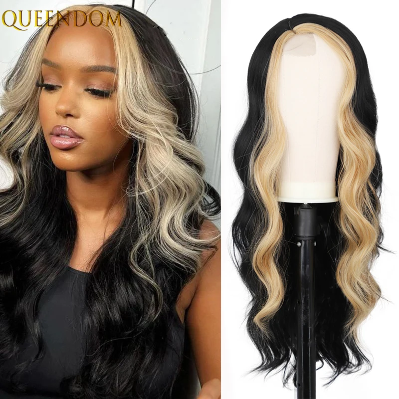 

26 Inch Body Wave Skunk Stripe Lace Wig Blonde and Black Highlights Wigs Natural Long Wavy Ombre Synthetic Wigs for Black Women