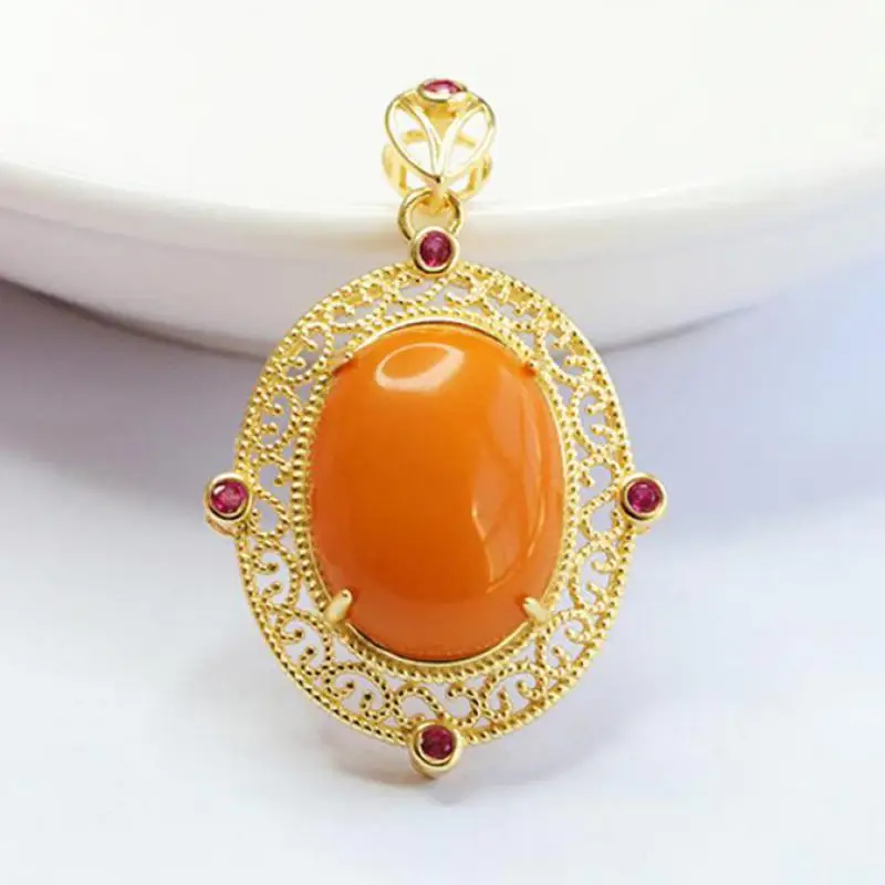 

S925 Sterling Silver Amber Necklace Women Fine Jewelry Accessories Genuine Natural Baltic Ambers Ruby Oval Pendant Necklaces