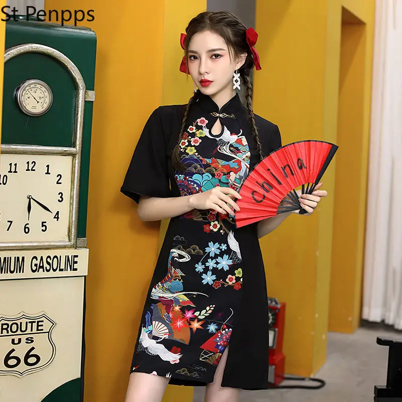 Женское платье Чонсам в китайском стиле модное черное современное