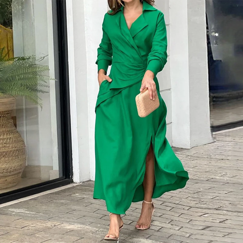 Women Maxi Dress Fashion Elegant Long Sleeve Lapel V Neck Pleated Solid Single Slit with Pockets Beach Party Dresses
Women Maxi Dress Fashion Elegant Long Sleeve Lapel V Neck Pleated Solid Single Slit with Pockets Beach Party Dresses