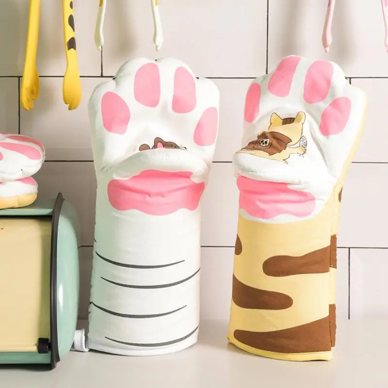 

Cartoon Cat Paws Oven Mitts Long Cotton Baking Insulation Microwave Heat Resistant Non-slip Gloves Animal Kitchen Bakeware