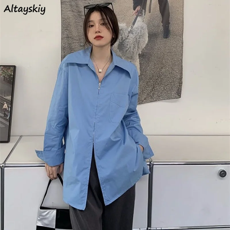 Shirts Women Simple Korean Style Fashion Chic Retro Zipper Pocket Loose-fitting Long Sleeve Casual Shirt Solid All-match Outwear
Shirts Women Simple Korean Style Fashion Chic Retro Zipper Pocket Loose-fitting Long Sleeve Casual Shirt Solid All-match Outwear